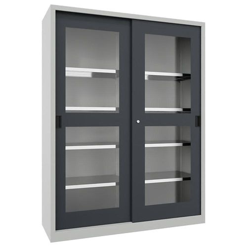4055479257741 - Schiebetürenschrank Höhe 1950 mm Sichtfenstertüren BxT 1500 x 500 mm mit Trennwand und 2 x 4 Fachböden Tür anthrazit kaiserkraft
