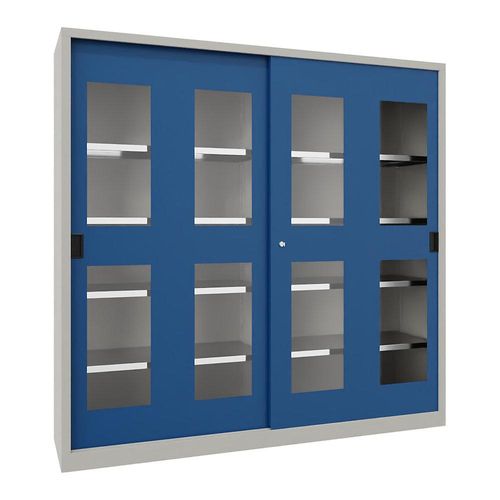 4055479266354 - Schiebetürenschrank Höhe 1950 mm Sichtfenstertüren BxT 2000 x 500 mm mit Trennwand und 2 x 4 Fachböden Tür enzianblau kaiserkraft 4055479266354 - Schiebetürenschrank Höhe 1950 mm Sichtfenstertüren BxT 2000 x 500 mm mit Trennwand und 2 x 4 Fachböden Tür enzianblau kaiserkraft