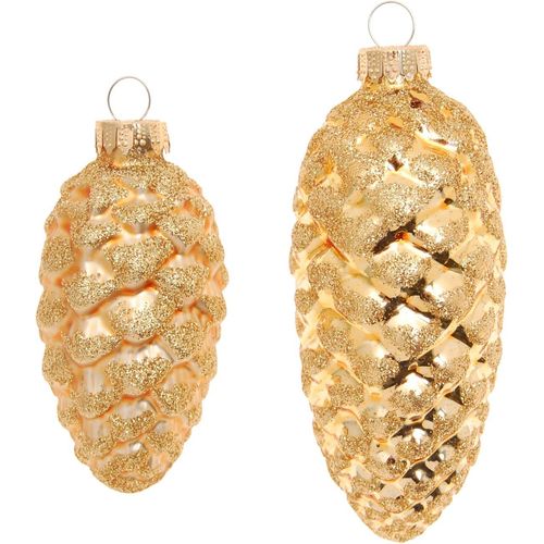 0024762215212 - Christbaumschmuck KREBS GLAS LAUSCHA Glas-Tannenzapfen mit Glitter 2x klein Ø 8 cm + groß 10 cm Weihnachtsbaumschmuck goldfarben Weihnachtsbaumschmuck Weihnachtsdeko Weihnachtsbaumkugel Christbaumkugeln aus Glas