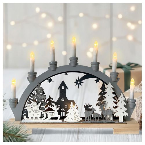 4255701927743 - Moderner Schwibbogen LED Holz Grau mit Weihnachtsmotiv und 7 LED Kerzen