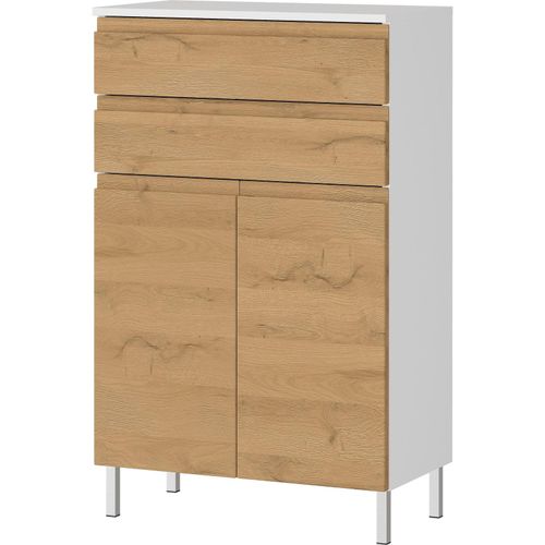 4255632541940 - Stauraumkommode Badschrank mit Schubladen 60x34x97 in Weiß und Grandson-Eiche Chromfüße Grifflose Veer-Serie Kadima Design 4255632541940 - Stauraumkommode Badschrank mit Schubladen 60x34x97 in Weiß und Grandson-Eiche Chromfüße Grifflose Veer-Serie Kadima Design