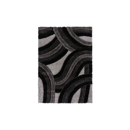 4255632543838 - Hochflor-Teppich aus 100% recyceltem Polyester handgeschnitzt & umweltfreundlich – Nadd Grau-Schwarz 80x150 cm Kadima Design