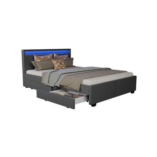 4260304764305 - Led Polsterbett Lyon mit Bettkasten – Bettgestell aus Holz & Kunstleder mit Lattenrost – Einzelbett Jugendzimmer Möbel – 140 x 200 cm - grau - Juskys 4260304764305 - Led Polsterbett Lyon mit Bettkasten – Bettgestell aus Holz & Kunstleder mit Lattenrost – Einzelbett Jugendzimmer Möbel – 140 x 200 cm - grau - Juskys