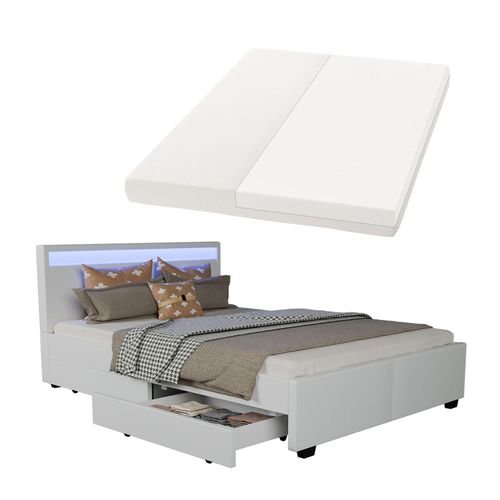 4260304766149 - Polsterbett Lyon 140 x 200 cm mit Bettkasten led Beleuchtung Lattenrost & Matratze - Kunstleder & Holz – Bett Bettgestell Jugendbett weiß - Juskys 4260304766149 - Polsterbett Lyon 140 x 200 cm mit Bettkasten led Beleuchtung Lattenrost & Matratze - Kunstleder & Holz – Bett Bettgestell Jugendbett weiß - Juskys