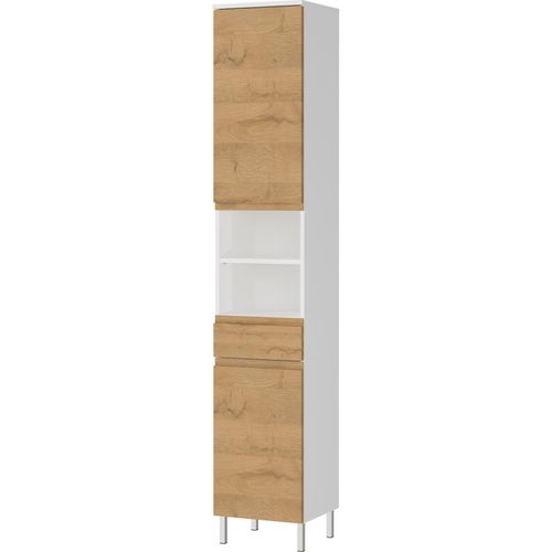 4255632541964 - Hochschrank mit einstellbaren Fächern und Schublade 34x34x190 in Weiß und Grandson-Eiche mit Chromfüßen verstellbare Böden Veer Kadima Design
