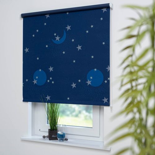 4016318349065 - Seitenzugrollo Sternenhimmel Rollos Gr 180 cm einseitig verschiebbar 122 cm blau (blau gelb) Verdunkelungsrollos Rollo