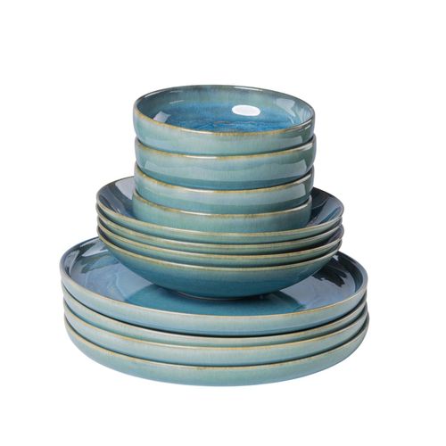 9001794898843 - Tafelservice GIPFELSTÜCK Geschirr-Set Service Tiefer See Geschirr-Sets Gr 12 tlg bunt (grün blau) Tafelservice Scandi-Style jedes Stück ein Unikat 12 Teile für 4 Personen