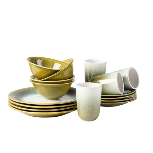 9001794974936 - Kombiservice GIPFELSTÜCK Flussufer Geschirr-Sets Gr 16 tlg bunt (blau grün weiß) Geschirr-Sets für 4 Personen Reaktivglasur außergewöhnlicher visueller Farbverlauf