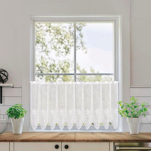 4007863692454 - Scheibengardine Fiona Gardinen Gr 52 cm Durchzuglöcher 150 cm weiß Scheibengardinen halbtransparent SB-Jacquardbistro Fiona mit Vierecken