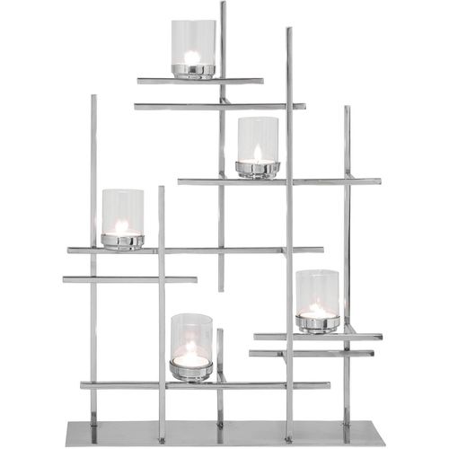 4042911430541 - Teelichthalter FINK PALADIN silber (silberfarben) Kerzenhalter B H T 11cm x 70cm x 52cm Glas Dekoleuchter 5-flammig aus Edelstahl Höhe ca 70 cm B11cm H70cm T52cm