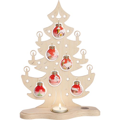 4260649067994 - Teelichthalter SAICO ORIGINAL Tannenbaum mit roten handbemalten Glaskugeln natur B21cm H305cm T85cm Holz teilmassiv Kerzenhalter BxHxT 21x305x85 cm