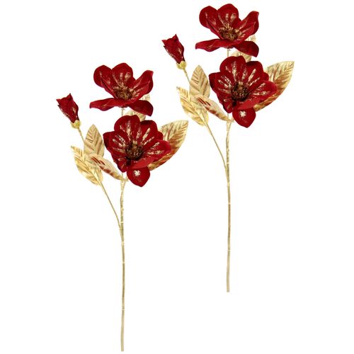 4019844818135 - Kunstblume IGEA Magnolie rot B18cm H68cm L14cm Polyester Kunstpflanzen 2er Set Dekoblume Metallic Effekt glänzende Weihnachtsdeko Blüten