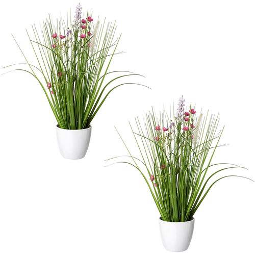 4064118968603 - Kunstgras CREATIV GREEN Blüten-Gras-Mix Kunstpflanzen Gr Ø H 10 cm x 41 cm 2 St rosa Kunst-Gräser in weißer Kunststoffschale