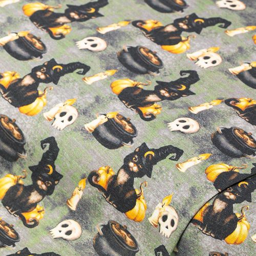 4058896367062 - Baumwollstoff Halloween „Katze mit Hut“ grau grün-color 4058896367062 - Baumwollstoff Halloween „Katze mit Hut“ grau grün-color