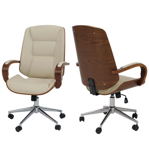 4057651799933 - Bürostuhl MCW-O83 Drehstuhl Chefsessel  Kunstleder (280g m²) Bugholz MVG-zertifiziert Walnuss-Optik ~ creme