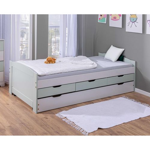 4010340984249 - Prati Bett 3 kleine Schubladen mit 1 ausziehbares Bett hellgrau minzgrün 4010340984249 - Prati Bett 3 kleine Schubladen mit 1 ausziehbares Bett hellgrau minzgrün