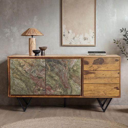 4251757731709 - Sideboard Kommode Sheesham Massivholz 150 cm Türen Steinoptik Schubladen