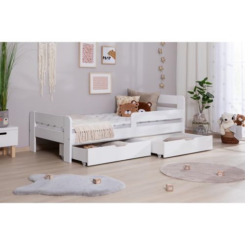 4251105981077 - TiCAA Einzelbett Kinderbett Jugendbett Bennet mit Schubkasten Rausfallschutz für Schlafzimmer Kinderzimmer Kiefer Massivholz Bettgestell 90 100 120 x 200 cm