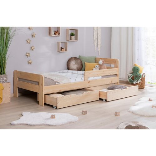 4251105981114 - TiCAA Einzelbett Kinderbett Jugendbett Bennet mit Schubkasten Rausfallschutz für Schlafzimmer Kinderzimmer Kiefer Massivholz Bettgestell 90 100 120 x 200 cm