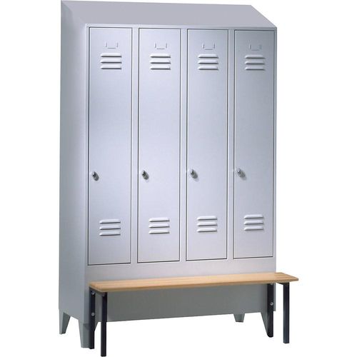 4250618256757 - Spind Berlin 2 Sitzbank 4 Abteile blaugrau B 1200 mm vorgebaut Buchenholz Schrägdach 4250618256757 - Spind Berlin 2 Sitzbank 4 Abteile blaugrau B 1200 mm vorgebaut Buchenholz Schrägdach