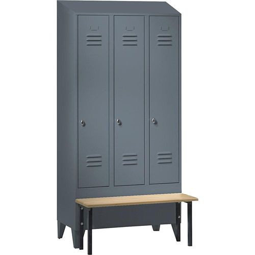 4250618256634 - Spind Berlin 2 Sitzbank 3 Abteile blaugrau B 900 mm vorgebaut Buchenholz Schrägdach