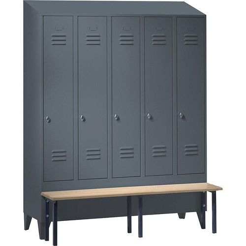 4250618256870 - Spind Berlin 2 Sitzbank 5 Abteile blaugrau B 1500 mm vorgebaut Buchenholz Schrägdach 4250618256870 - Spind Berlin 2 Sitzbank 5 Abteile blaugrau B 1500 mm vorgebaut Buchenholz Schrägdach