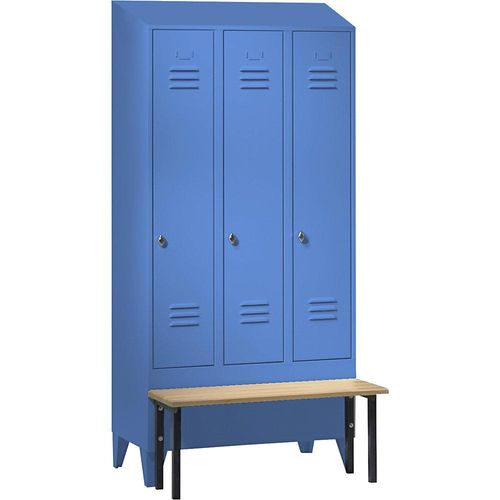 4250618256641 - Spind Berlin 2 Sitzbank 3 Abteile lichtblau B 900 mm vorgebaut Buchenholz Schrägdach 4250618256641 - Spind Berlin 2 Sitzbank 3 Abteile lichtblau B 900 mm vorgebaut Buchenholz Schrägdach