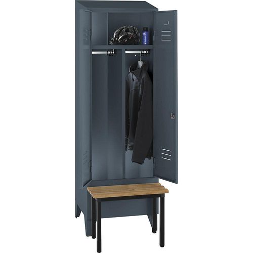 4250618256399 - Schwarz-Weiß-Spind Berlin 2 mit Sitzbank 1 Abteil blaugrau B 600 mm vorgebaut Buchenholz Schrägdach