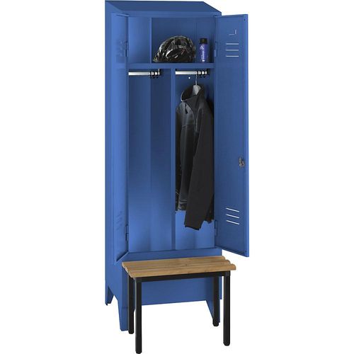 4250618256405 - Schwarz-Weiß-Spind Berlin 2 mit Sitzbank 1 Abteil lichtblau B 600 mm vorgebaut Buchenholz Schrägdach 4250618256405 - Schwarz-Weiß-Spind Berlin 2 mit Sitzbank 1 Abteil lichtblau B 600 mm vorgebaut Buchenholz Schrägdach
