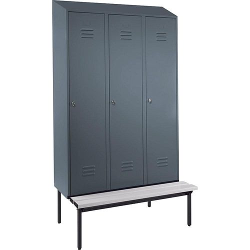 4250618256665 - Spind Berlin 2 Sitzbank 3 Abteile blaugrau B 1200 mm untergebaut Kunststoff Schrägdach