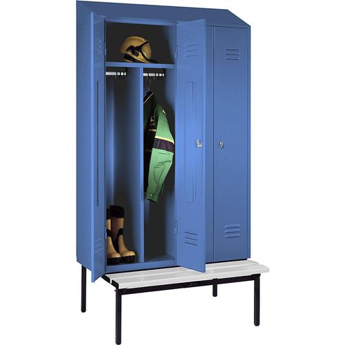 4250618256436 - Schwarz-Weiß-Spind Berlin 2 mit Sitzbank 2 Abteile lichtblau B 1200 mm untergebaut Kunststoff Schrägdach