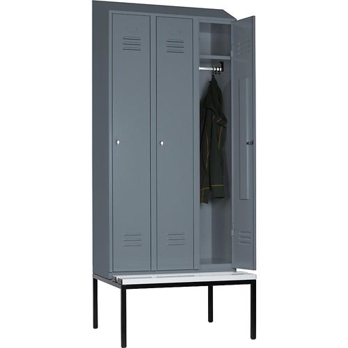 4250618256603 - Spind Berlin 2 Sitzbank 3 Abteile blaugrau B 900 mm untergebaut Kunststoff Schrägdach 4250618256603 - Spind Berlin 2 Sitzbank 3 Abteile blaugrau B 900 mm untergebaut Kunststoff Schrägdach