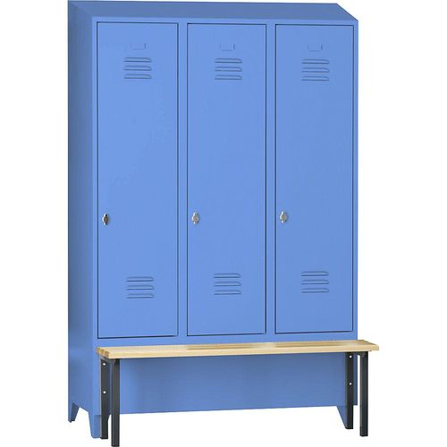 4250618256702 - Spind Berlin 2 Sitzbank 3 Abteile lichtblau B 1200 mm vorgebaut Buchenholz Schrägdach