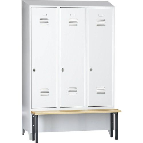 4250618256719 - Spind Berlin 2 Sitzbank 3 Abteile lichtgrau B 1200 mm vorgebaut Buchenholz Schrägdach