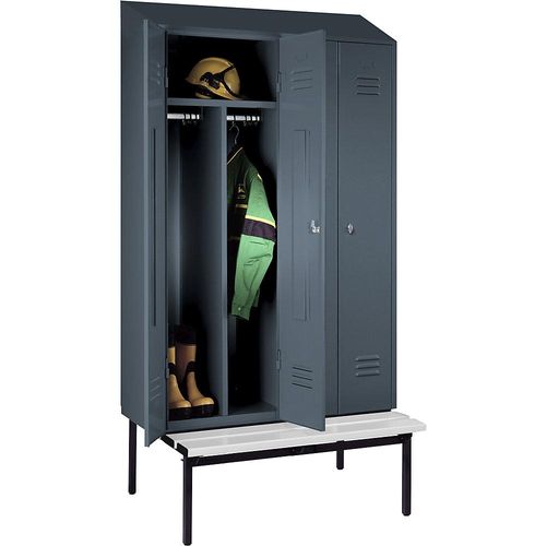 4250618256429 - Schwarz-Weiß-Spind Berlin 2 mit Sitzbank 2 Abteile blaugrau B 1200 mm untergebaut Kunststoff Schrägdach