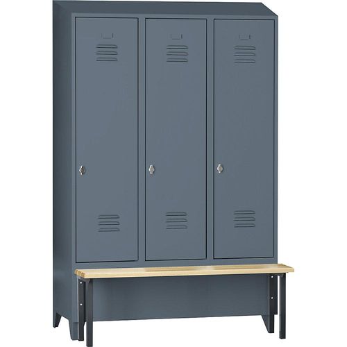 4250618256696 - Spind Berlin 2 Sitzbank 3 Abteile blaugrau B 1200 mm vorgebaut Buchenholz Schrägdach 4250618256696 - Spind Berlin 2 Sitzbank 3 Abteile blaugrau B 1200 mm vorgebaut Buchenholz Schrägdach