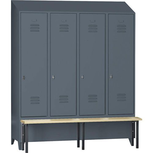 4250618256818 - Spind Berlin 2 Sitzbank 4 Abteile blaugrau B 1600 mm vorgebaut Buchenholz Schrägdach 4250618256818 - Spind Berlin 2 Sitzbank 4 Abteile blaugrau B 1600 mm vorgebaut Buchenholz Schrägdach