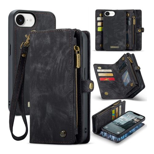 4255785163228 - Für Apple iPhone 16e Kunstleder Multifunktion Zipper Tasche Schwarz