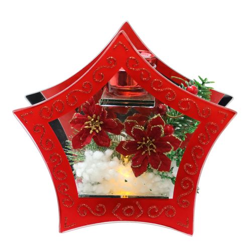 4019844690731 - Teelichthalter IGEA Deko-Objekt mit LED Licht und Teelichtkerze rot B21cm H20cm Glas Kerzenhalter Mit Christstern Beeren Tanne Kunstschnee Weihnachtsdeko Dekoobjekt