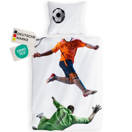 4255636668049 - NYVI Renforce Kinderbettwäsche Deluxe aus 100% Baumwolle magischer Druck - Kindergesicht ergänzt Muster Reißverschluss Größe135x200 cm FarbeFußball