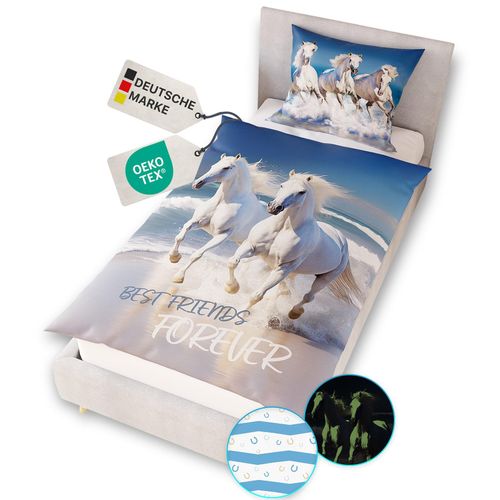 4255636667974 - NYVI Renforce Kinderbettwäsche Glow in the Dark aus 100% Baumwolle - Vorderseite leuchtend mit Wendemuster Reißverschluss OEKO-TEX 100 Größe135x200 cm FarbePferde