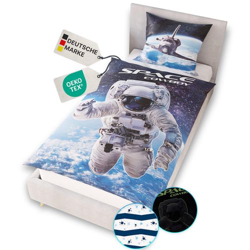 4255636667905 - NYVI Renforce Kinderbettwäsche Glow in the Dark aus 100% Baumwolle - Vorderseite leuchtend mit Wendemuster Reißverschluss OEKO-TEX 100 Größe135x200 cm FarbeAstronaut