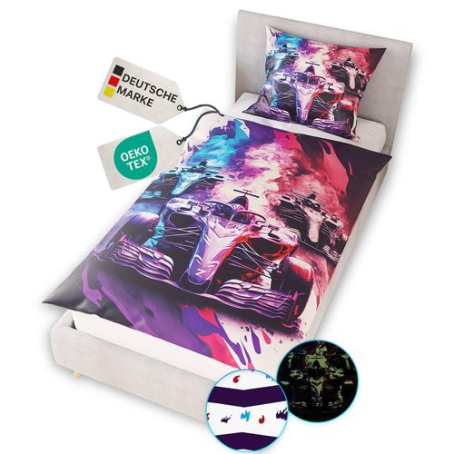 4255636667936 - NYVI Renforce Kinderbettwäsche Glow in the Dark aus 100% Baumwolle - Vorderseite leuchtend mit Wendemuster Reißverschluss OEKO-TEX 100 Größe135x200 cm FarbeRennautos