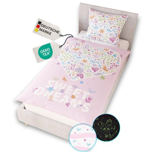 4255636667981 - NYVI Renforce Kinderbettwäsche Glow in the Dark aus 100% Baumwolle - Vorderseite leuchtend mit Wendemuster Reißverschluss OEKO-TEX 100 Größe135x200 cm FarbeSweet Dreams