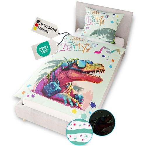 4255636667950 - NYVI Renforce Kinderbettwäsche Glow in the Dark aus 100% Baumwolle - Vorderseite leuchtend mit Wendemuster Reißverschluss OEKO-TEX 100 Größe135x200 cm FarbeParty Dino