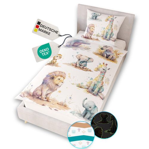 4255636668018 - NYVI Renforce Kinderbettwäsche Glow in the Dark aus 100% Baumwolle - Vorderseite leuchtend mit Wendemuster Reißverschluss OEKO-TEX 100 Größe135x200 cm FarbeTierkinder