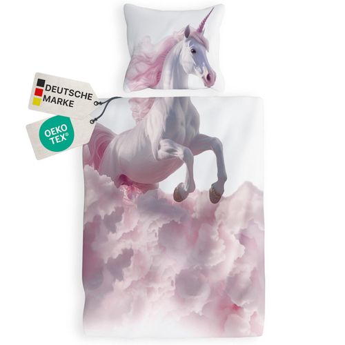 4255636668056 - NYVI Renforce Kinderbettwäsche Deluxe aus 100% Baumwolle magischer Druck - Kindergesicht ergänzt Muster Reißverschluss Größe135x200 cm FarbeEinhorn