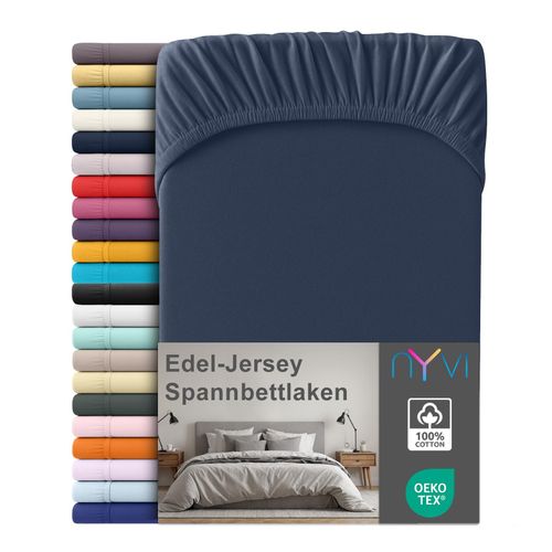 4255636666960 - NYVI Edel Jersey Spannbettlaken Deluxe für Matratzen bis 25 cm Steghöhe - 100% Baumwolle supergekämmt 140g m² Rundumgummizug Größe140-160 x 200 cm FarbeMarineblau