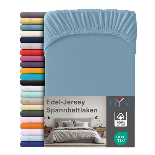 4255636666892 - NYVI Edel Jersey Spannbettlaken Deluxe für Matratzen bis 25 cm Steghöhe - 100% Baumwolle supergekämmt 140g m² Rundumgummizug Größe90-100 x 200 cm FarbeStahlblau