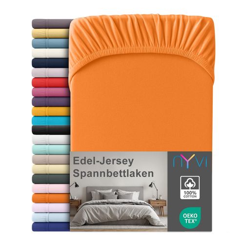 4255636666694 - NYVI Edel Jersey Spannbettlaken Deluxe für Matratzen bis 25 cm Steghöhe - 100% Baumwolle supergekämmt 140g m² Rundumgummizug Größe140-160 x 200 cm FarbeOrange